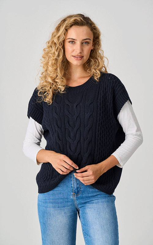 Cotton Knit Cable Top In Navy